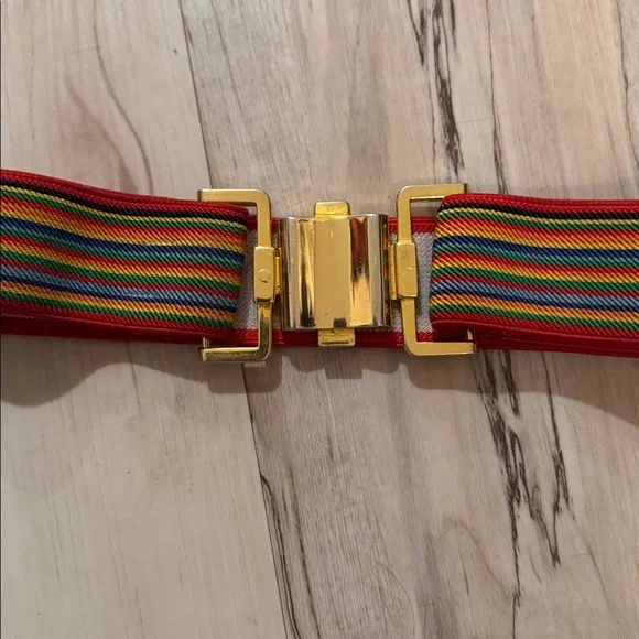 Vtg Gold-Tone Red Multi-Stripe Elastic Waist Belt, Sz Sm/Med - Picture 2 of 7